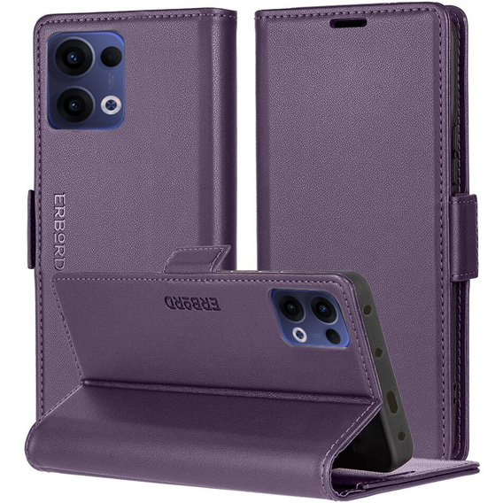 Θήκη για Oppo Reno 13, ERBORD Glossy Litchi, πορτοφόλι με πτερύγιο, μωβ