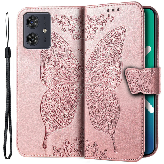 Θήκη με πτερύγιο για Motorola Moto G54 5G, Butterfly, ροζ rose gold