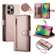 Θήκη με πτερύγιο για iPhone 16 Pro, Wallet Zipper Pocket, ροζ