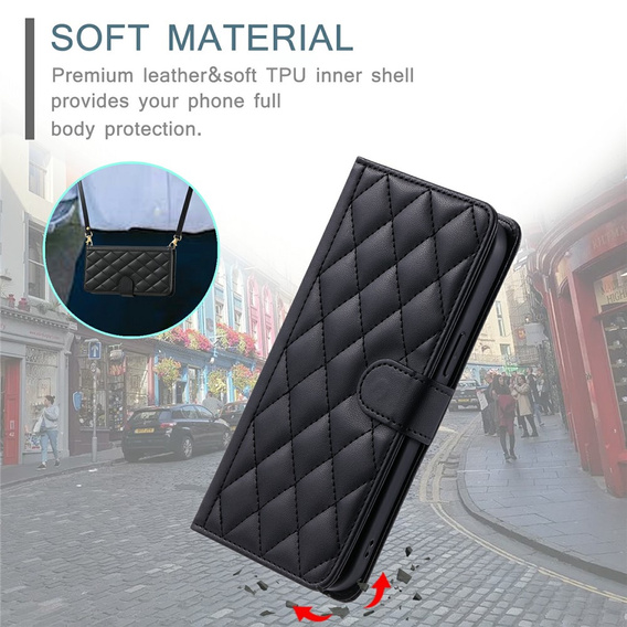 θήκη πτερύγιο για Samsung Galaxy S25 FE, Rhombus Crossbody Leather, μαύρη