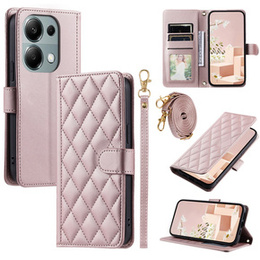 θήκη πτερύγιο για Xiaomi Redmi Note 13 Pro 4G / Xiaomi Redmi Note 14S / Xiaomi Poco M6 Pro 4G, Rhombus Crossbody Leather, ροζ rose gold
