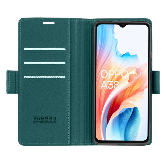 Θήκη για Oppo A18 4G / A38 4G, ERBORD Glossy Litchi, πορτοφόλι με πτερύγιο, πράσινη