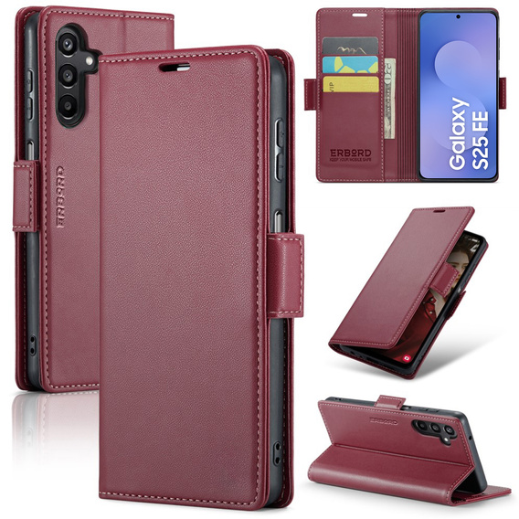 Θήκη για Samsung Galaxy S25 FE, ERBORD Glossy Litchi, πορτοφόλι με πτερύγιο, κόκκινη