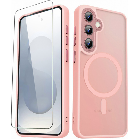 Θήκη για Samsung Galaxy S25, για MagSafe, ERBORD Μatt Case, ροζ + Γυαλί οθόνης