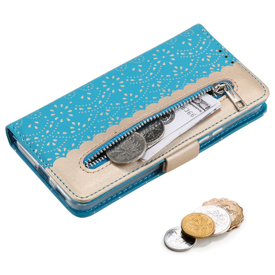 θήκη πτερύγιο για Samsung Galaxy S22+ Plus 5G, Wallet Pocket Zipper Lace, μπλε