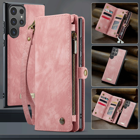 CASEME θήκη για Samsung Galaxy S25 Ultra, Retro Leather Wallet, με λουράκι, ροζ