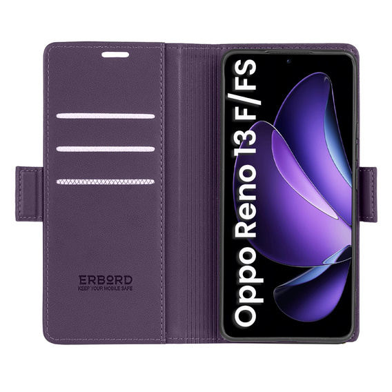 Θήκη για Oppo Reno 13F / Oppo Reno 13FS, ERBORD Glossy Litchi, πορτοφόλι με πτερύγιο, μωβ