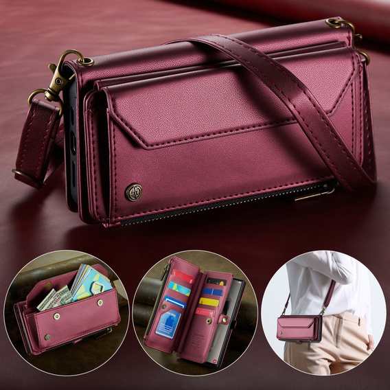 θήκη CASEME για Samsung Galaxy S25 Ultra, RFID Leather Wallet, με λουράκι ώμου, κόκκινη