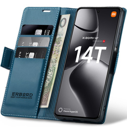 Θήκη για Xiaomi 14T, ERBORD Glossy Litchi, πορτοφόλι με πτερύγιο, μπλε