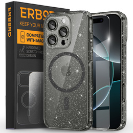 Θήκη για iPhone 16 Pro, ERBORD Glitter MagSafe, μαύρη + Γυαλί οθόνης