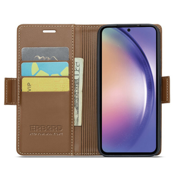 Θήκη για Samsung Galaxy A55, ERBORD Glossy Litchi, πορτοφόλι με πτερύγιο, καφέ