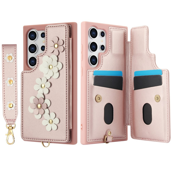 θήκη για Samsung Galaxy S25 Ultra, Leather Flower Card Slot, ροζ