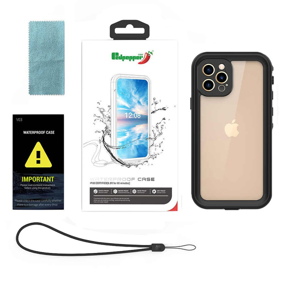 Αδιάβροχη θήκη IP68 για iPhone 12 Pro, Redpepper, μαύρη
