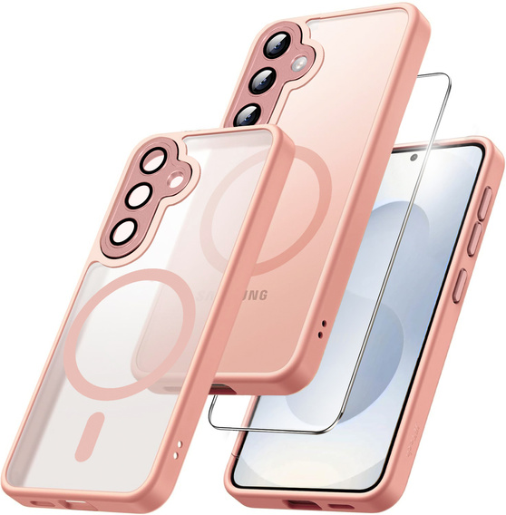 Θήκη για Samsung Galaxy S25, για MagSafe, ERBORD Μatt Case, ροζ + Γυαλί οθόνης