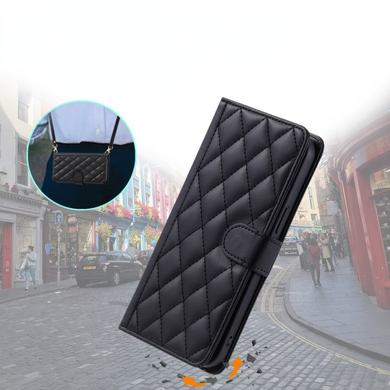 θήκη πτερύγιο για iPhone 16, Rhombus Crossbody Leather, μαύρη