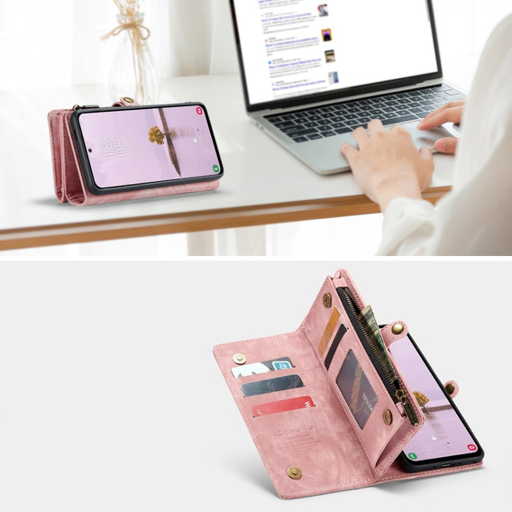 CASEME θήκη για Samsung Galaxy A56 5G, Retro Leather Wallet, με λουράκι, ροζ