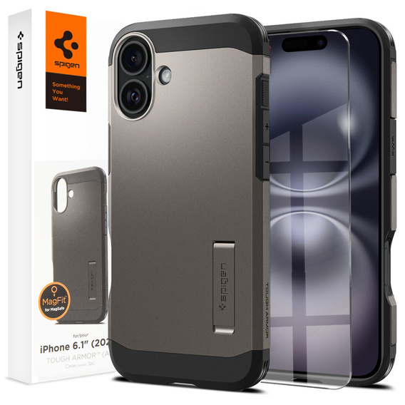 θήκη Spigen για iPhone 16, Tough Armor Mag Mag MagSafe, γκρι + μετριασμένο γυαλί 9H