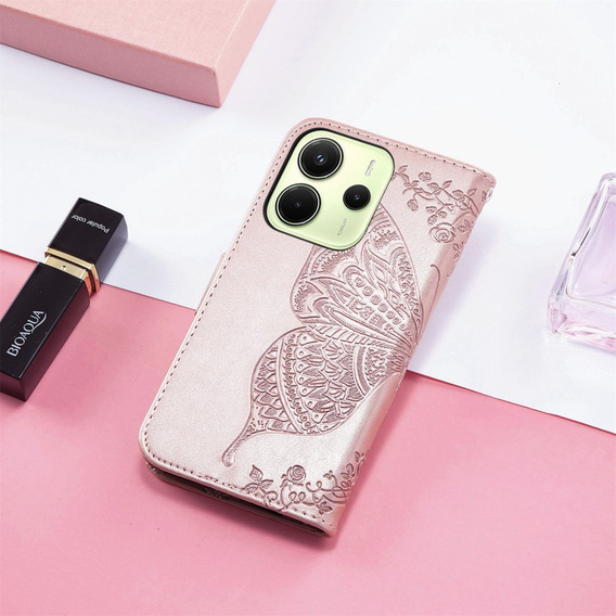 Θήκη με πτερύγιο για Xiaomi Redmi Note 14 4G, Butterfly, ροζ rose gold