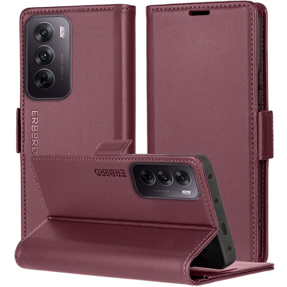 Θήκη για Oppo Reno 12 Pro, ERBORD Glossy Litchi, πορτοφόλι με πτερύγιο, κόκκινη