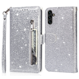 Θήκη με πτερύγιο για Samsung Galaxy A36 5G, Wallet Zipper Pocket Glittery, ασημένια