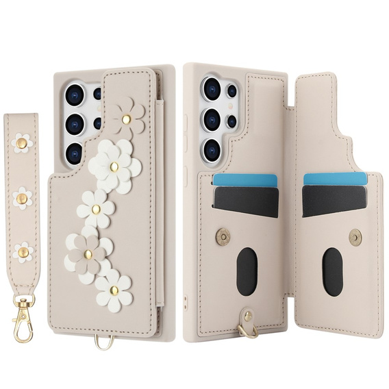 θήκη για Samsung Galaxy S24 Ultra, Leather Flower Card Slot, μπεζ