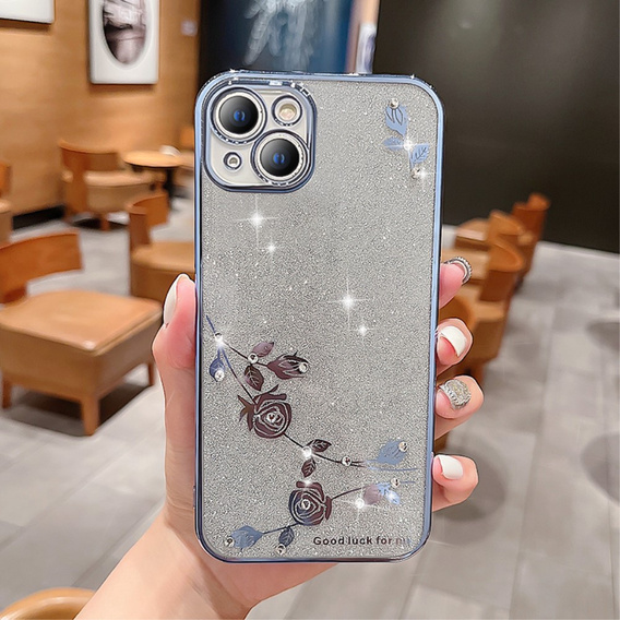 Θήκη για iPhone 14 Plus, Glitter Flower, μπλε