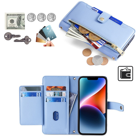 Θήκη με πτερύγιο για iPhone 14, Wallet Zipper Pocket, μπλε