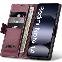 Θήκη για Xiaomi Redmi Note 14 5G, ERBORD Glossy Litchi, πορτοφόλι με πτερύγιο, κόκκινη