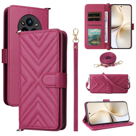 Θήκη με πτερύγιο για Realme 14 Pro+ 5G, Crossbody Leather Wallet, σκούρο ροζ