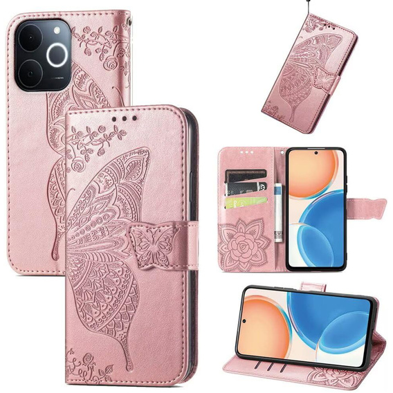 Θήκη με πτερύγιο για Realme Note 70T 4G, Butterfly, ροζ rose gold