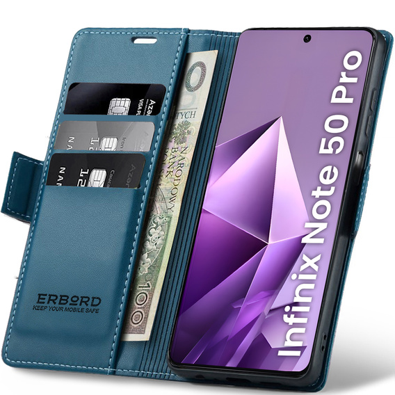 Θήκη για Infinix Note 50 Pro, ERBORD Glossy Litchi, πορτοφόλι με πτερύγιο, μπλε