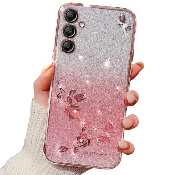 Θήκη για Samsung Galaxy A15, Glitter Flower, ροζ rose gold + γυαλί 9H 