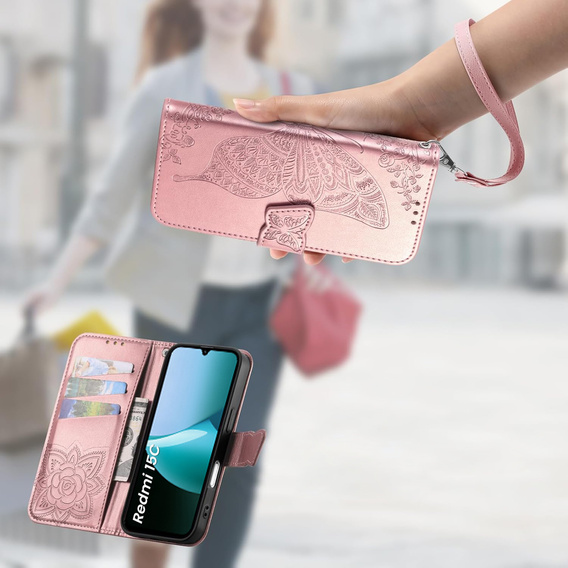 Θήκη με πτερύγιο για Xiaomi Redmi 15C 4G/LTE, Butterfly, ροζ rose gold