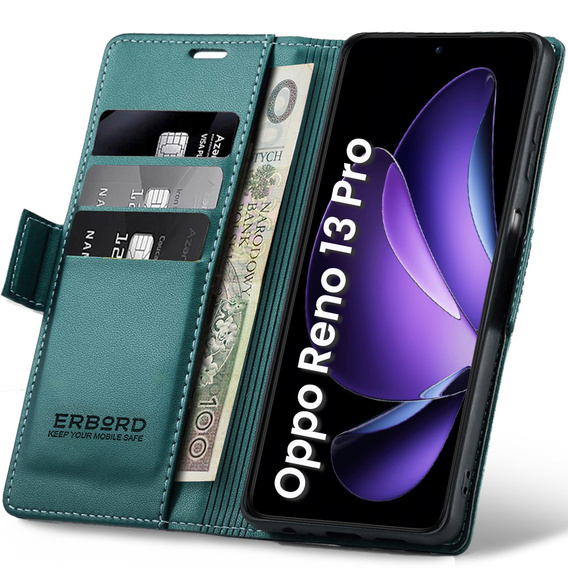 Θήκη για Oppo Reno 13 Pro, ERBORD Glossy Litchi, πορτοφόλι με πτερύγιο, πράσινη