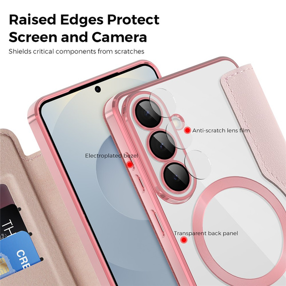 Θήκη με πτυσσόμενο καπάκι RFID Wallet MagSafe με προστασία κάμερας για Samsung Galaxy S26, ροζ