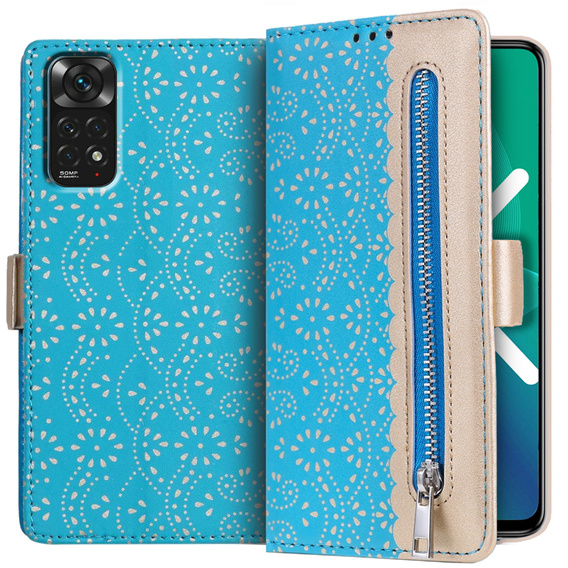 θήκη πτερύγιο για Xiaomi Redmi Note 11 4G / Note 11S 4G, Wallet Pocket Zipper Lace, μπλε
