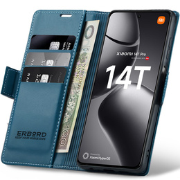 Θήκη για Xiaomi 14T Pro, ERBORD Glossy Litchi, πορτοφόλι με πτερύγιο, μπλε