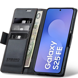Θήκη για Samsung Galaxy S25 FE, ERBORD Glossy Litchi, πορτοφόλι με πτερύγιο, μαύρη