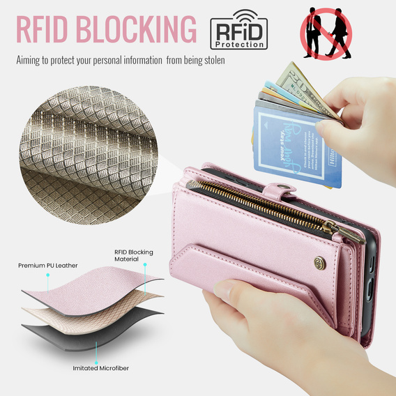 θήκη CASEME για Samsung Galaxy S25 FE, RFID Leather Wallet, με λουράκι ώμου, ροζ