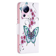 Θήκη με πτερύγιο για Xiaomi 13 Lite, Wallet, butterfly & flowers, λευκή