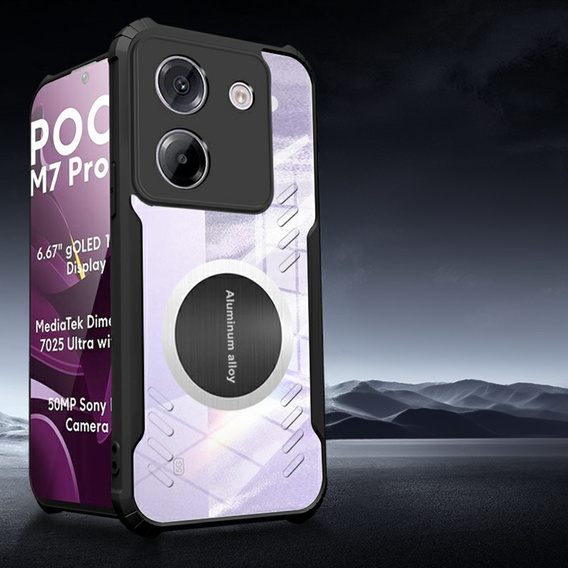 Θήκη για Xiaomi Poco M7 Pro 5G, με μαγνητική πλάκα, διαφανής / μαύρη
