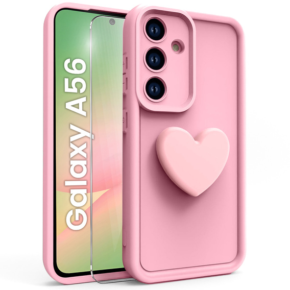 Θήκη για Samsung Galaxy A56 5G, Silicone Heart, ροζ + σκληρό γυαλί 9H