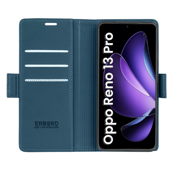 Θήκη για Oppo Reno 13 Pro, ERBORD Glossy Litchi, πορτοφόλι με πτερύγιο, μπλε