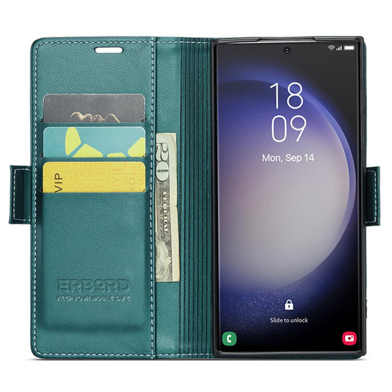 Θήκη για Samsung Galaxy S24 Ultra, ERBORD Glossy Litchi, πορτοφόλι με πτερύγιο, πράσινη