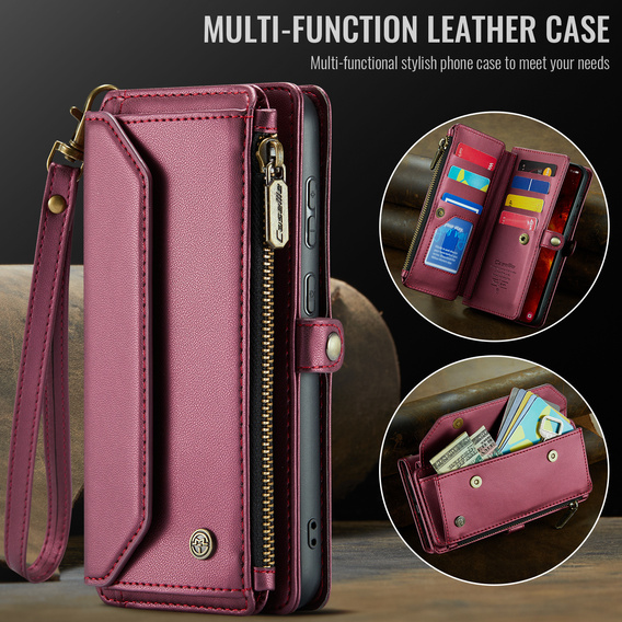 θήκη CASEME για Samsung Galaxy S25 FE, RFID Leather Wallet, με λουράκι ώμου, κόκκινη