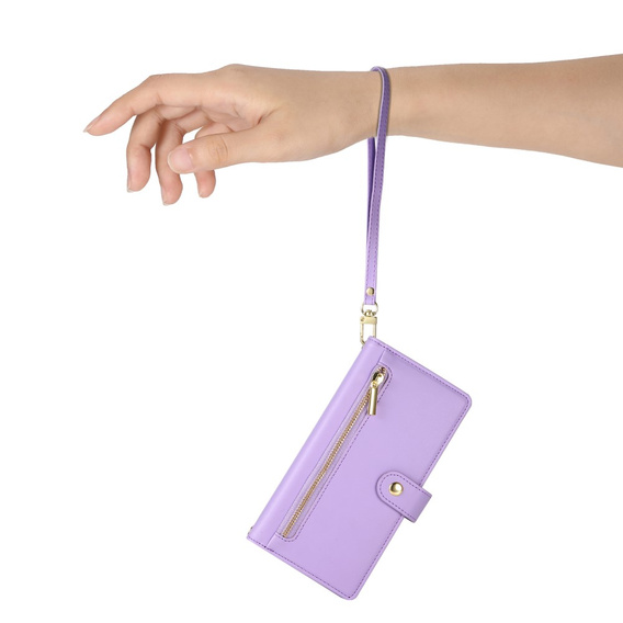 Θήκη με πτερύγιο για iPhone 16 Pro Max, Wallet Zipper Pocket, μωβ