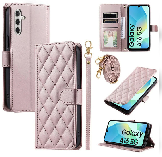 θήκη πτερύγιο για Samsung Galaxy A16, Rhombus Crossbody Leather, ροζ rose gold