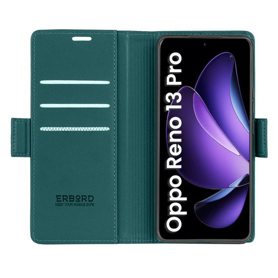 Θήκη για Oppo Reno 13 Pro, ERBORD Glossy Litchi, πορτοφόλι με πτερύγιο, πράσινη