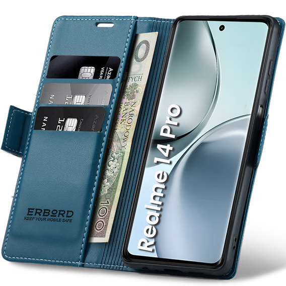 Θήκη για Realme 14 Pro 5G, ERBORD Glossy Litchi, πορτοφόλι με πτερύγιο, μπλε