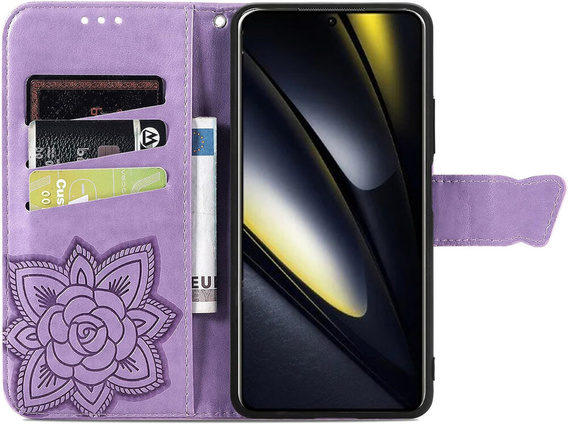 Θήκη με πτερύγιο για Xiaomi Poco F6, Butterfly, μωβ